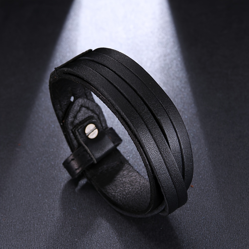 Men's Leather Wide Cuff Bracelet Handcrafted Layer